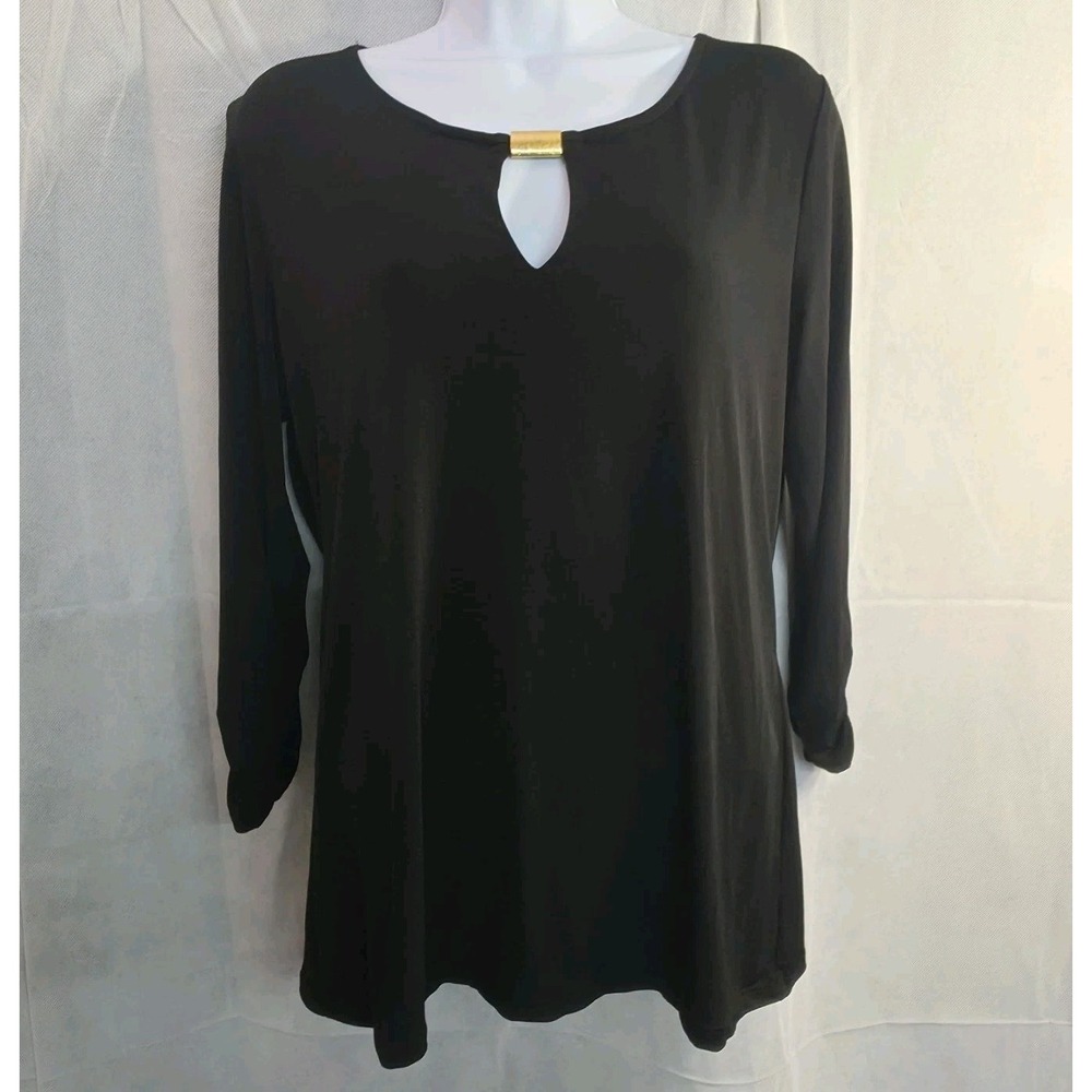 Premise Solid Black Long Sleeve Keyhole Round Neck Blouse Women's Size XL